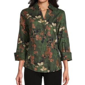 Taylor Investments Gold Label Green Floral Button Down Shirt, Sz 4P